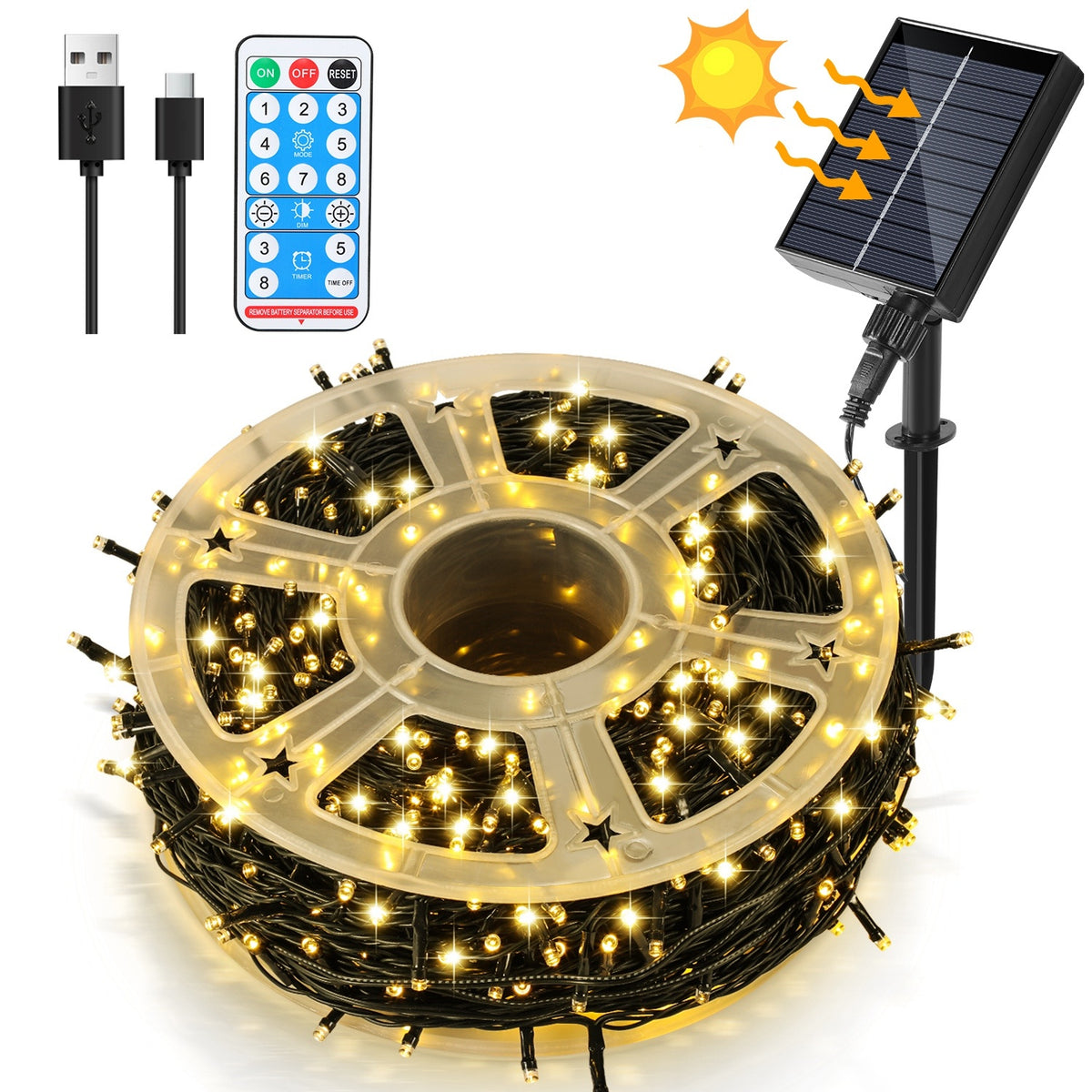 Solar LED Lichterkette 30–100 m mit 8 Modi & Fernbedienung