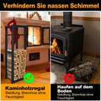 Schwarzes Kaminholzregal mit gestapeltem Brennholz neben dem Kamin
