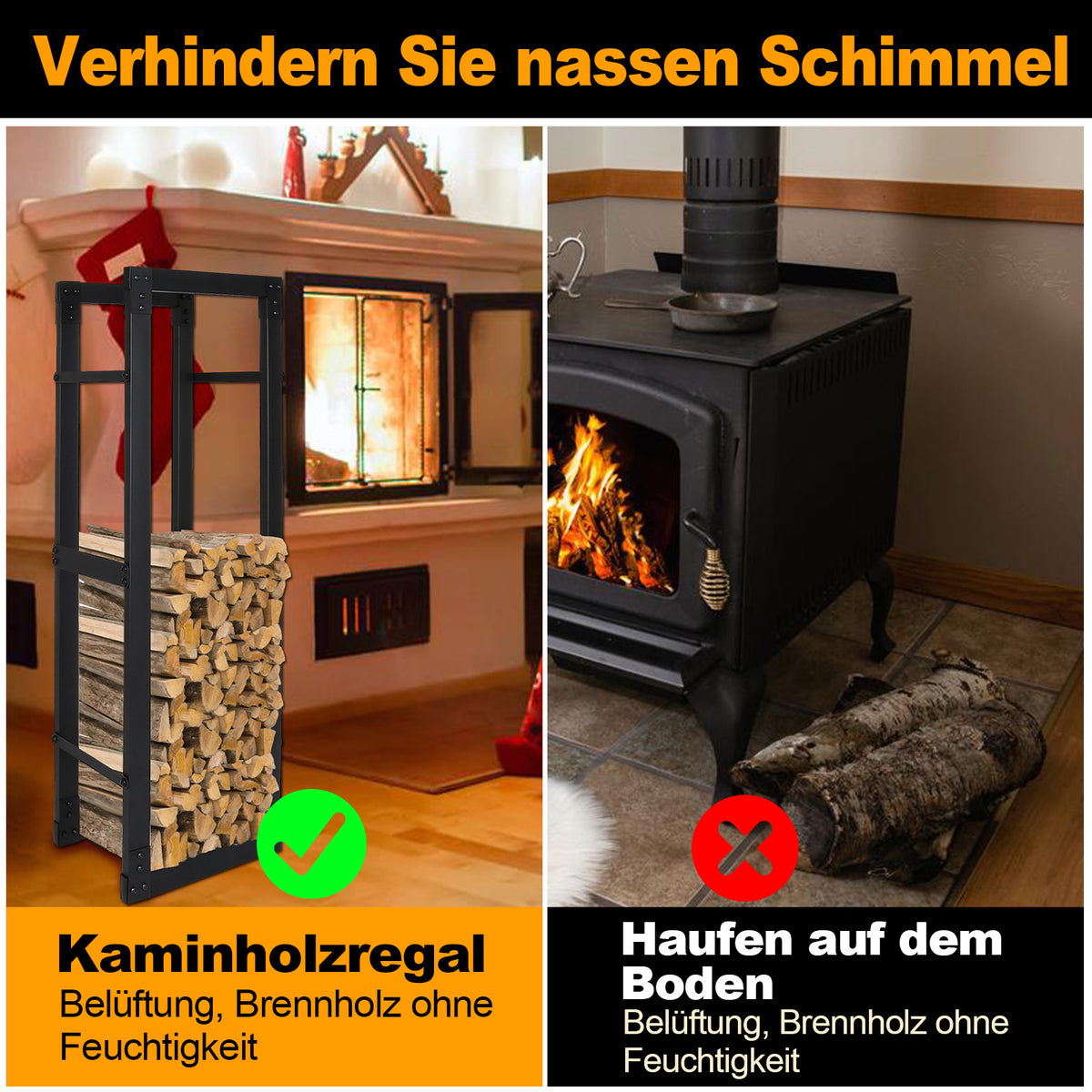 Schwarzes Kaminholzregal mit gestapeltem Brennholz neben dem Kamin