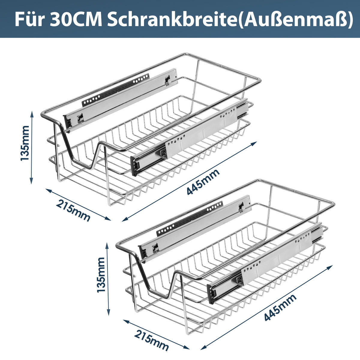 Ausziehbare Teleskopschublade für Küchenschrank 30–60 cm – 2/4/6er Set