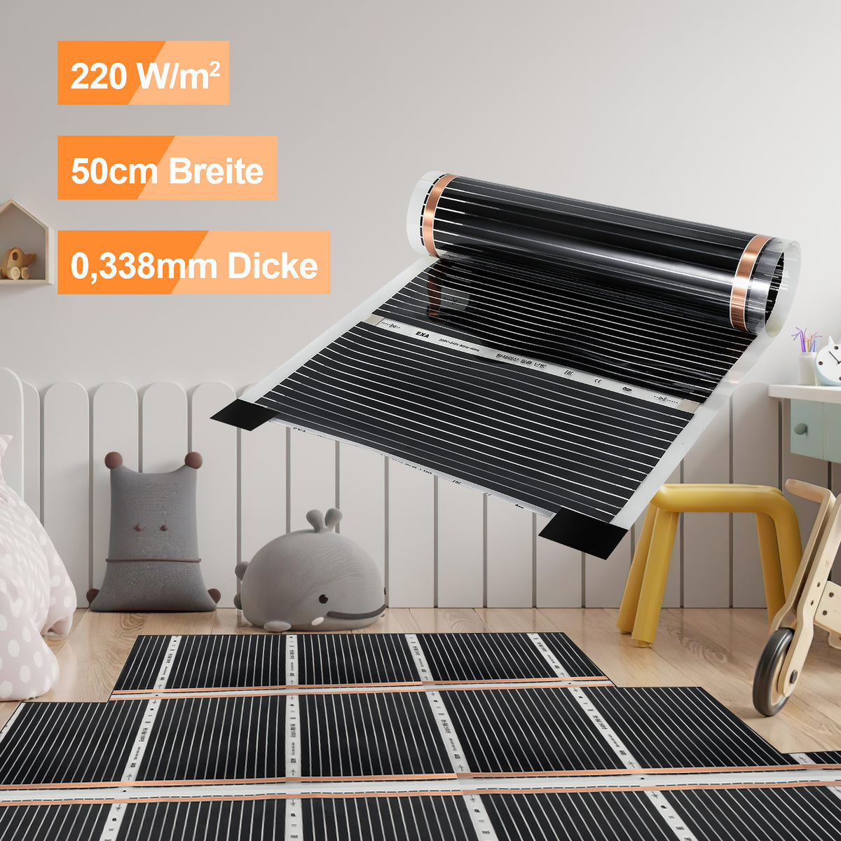 Elektrische Heizfolie 220 W/m² – Fußbodenheizung für Vinyl und Holzboden