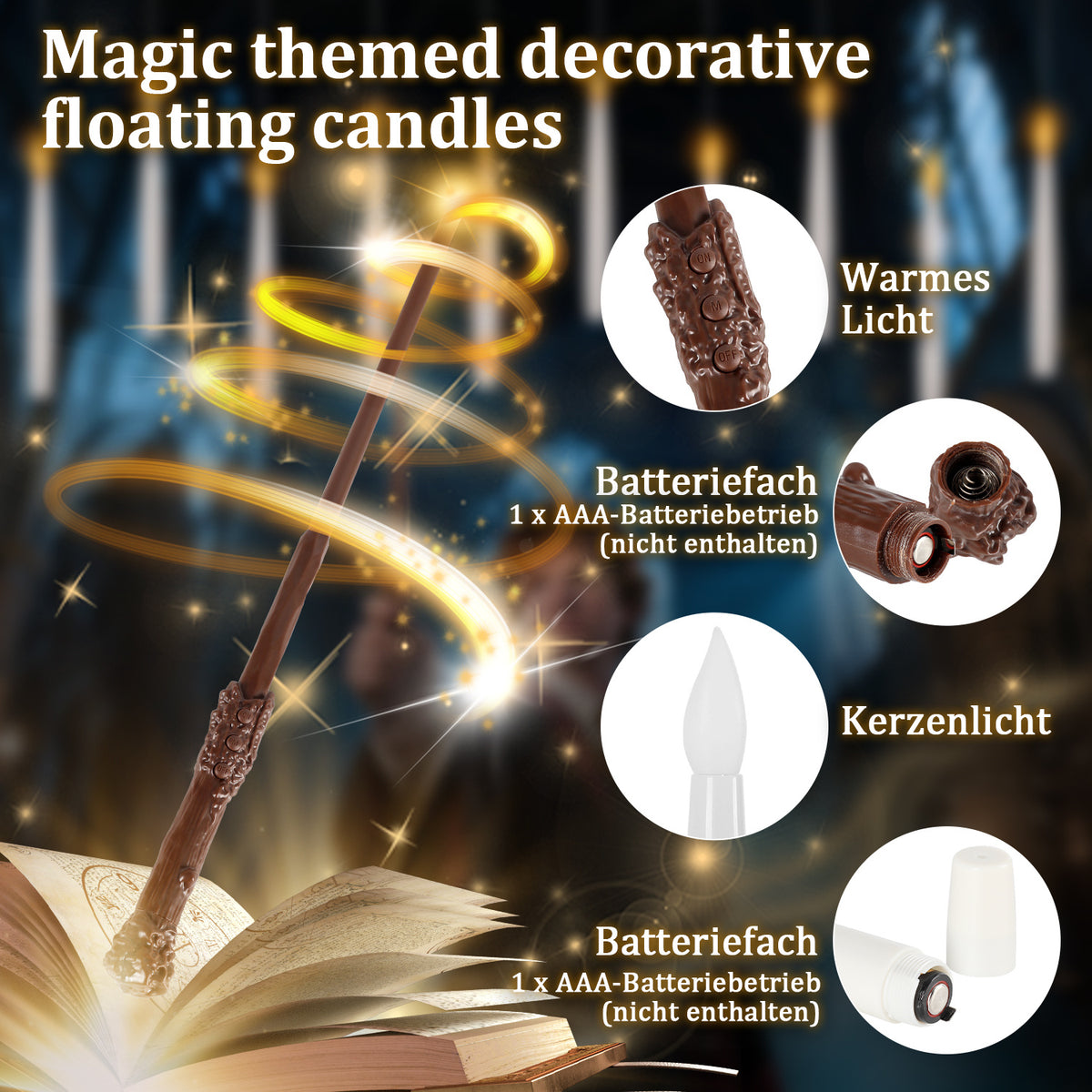 Magische LED Schwimmkerzen mit Zauberstab – 12 schwebende Kerzen für Party & Dekoration