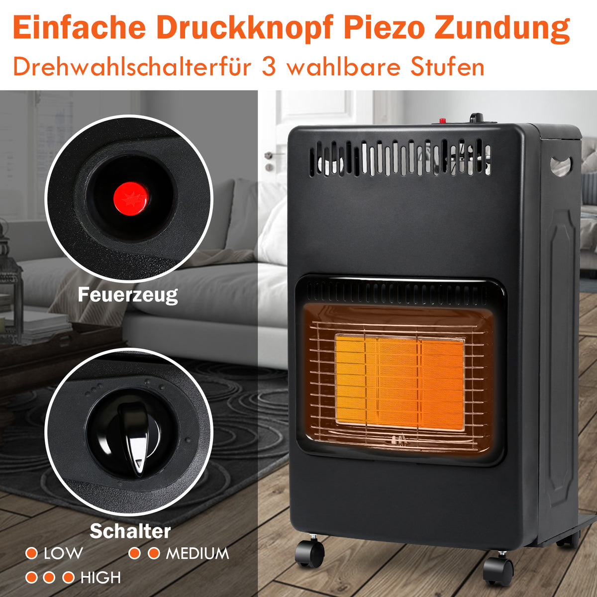 Gasheizung 4200 W mit 3 Heizstufen, faltbarer Infrarot-Gasheizer mit Rollen & Druckminderer  URL Handle