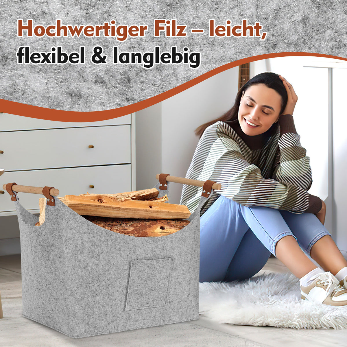 Filzkorb Aufbewahrungskorb – Vielseitige Filztasche für Kaminholz und Zuhause