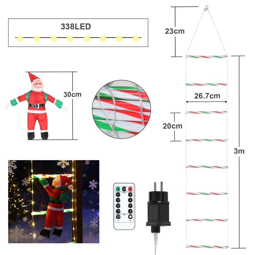Cecaylie LED Weihnachtsmann Leiter 3 m mit 338 LEDs, 8 Lichtmodi, Timer & Fernbedienung