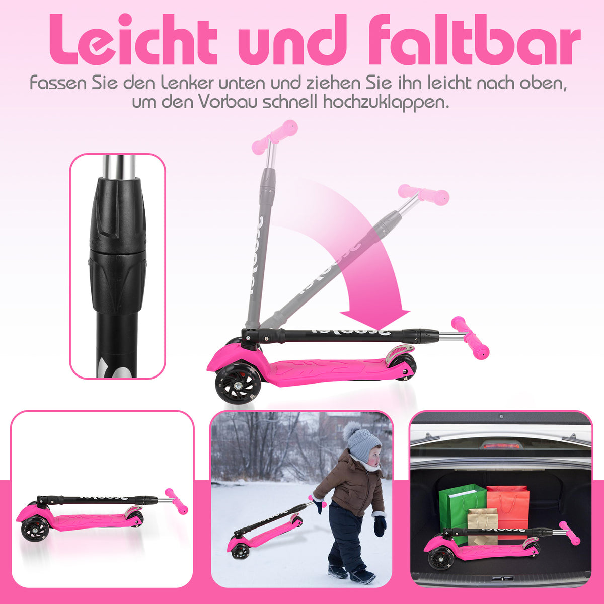 Faltbarer Dreirad-Scooter für platzsparende Aufbewahrung und Transport