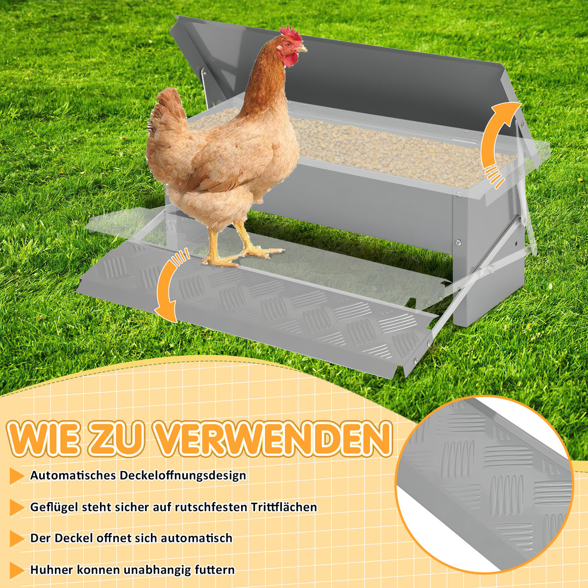 Geflügelfutterautomat mit Fußplatte zum Öffnen des Futterbereichs