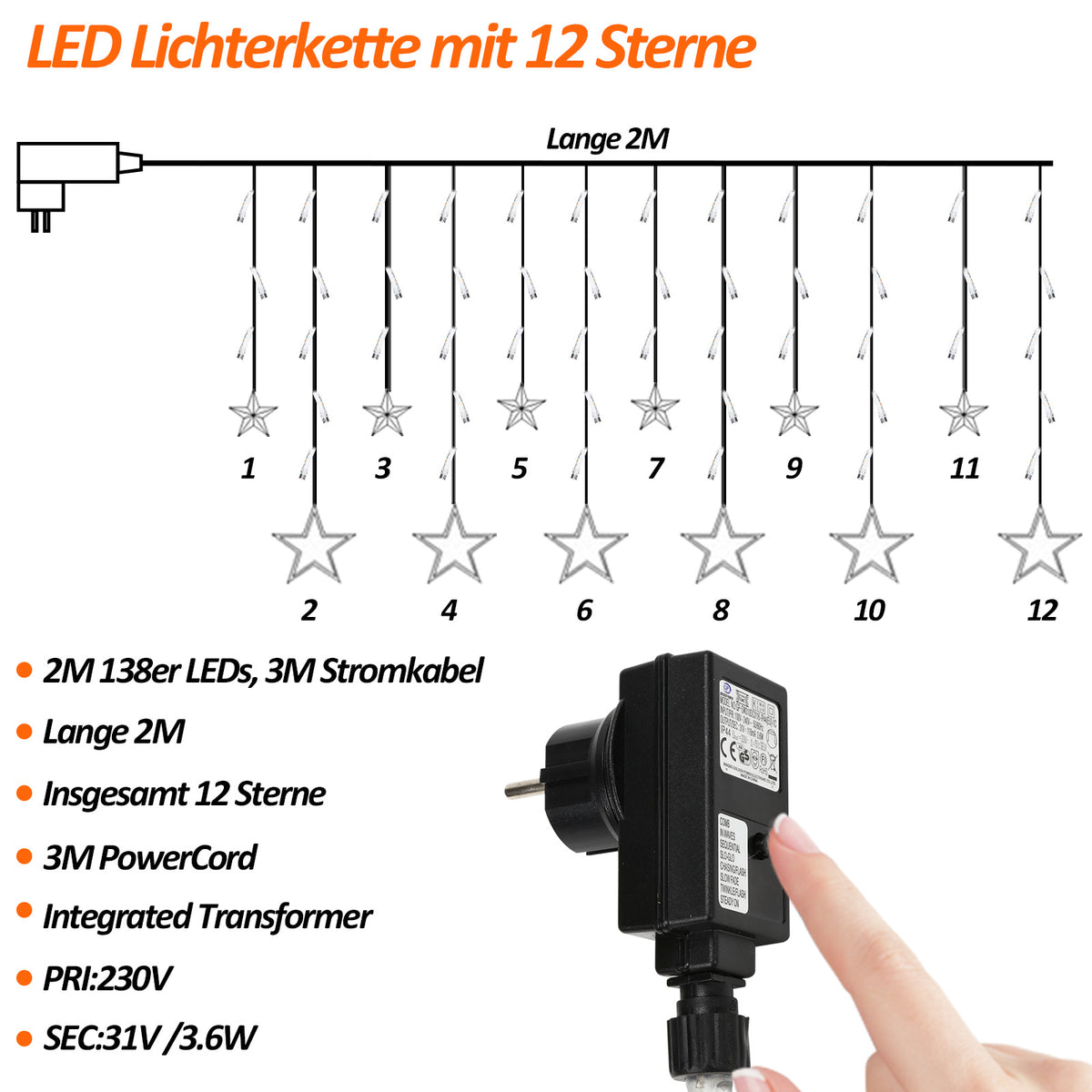 LED Sternenvorhang 2 m mit 138 LEDs & 8 Modi, Warmweiß