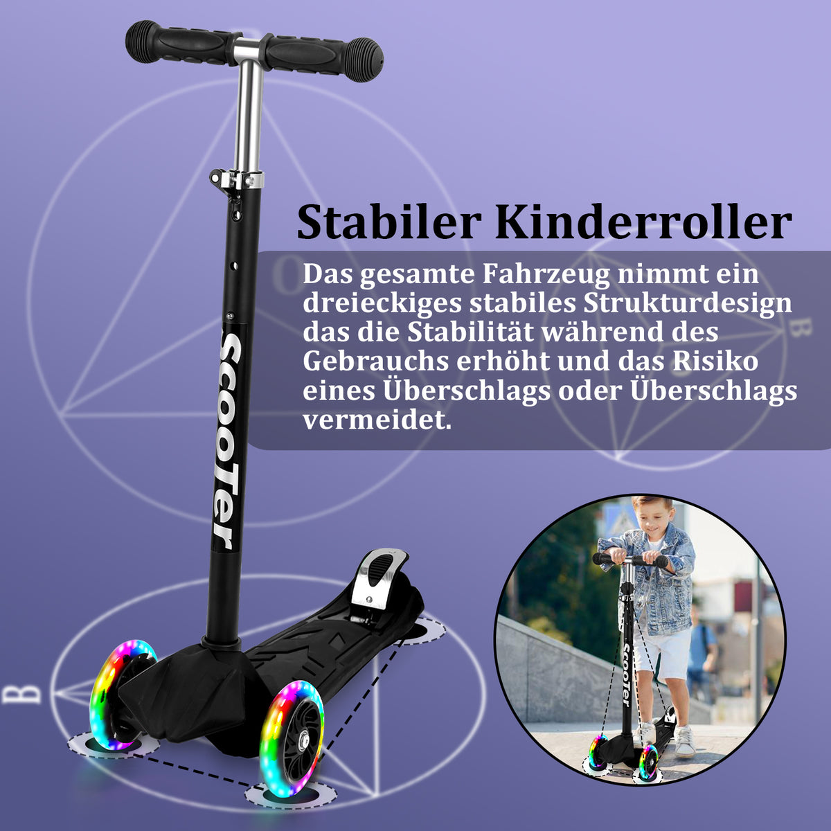 Cecaylie Dreirad-Scooter mit LED-Rädern, höhenverstellbar – 4 Farben