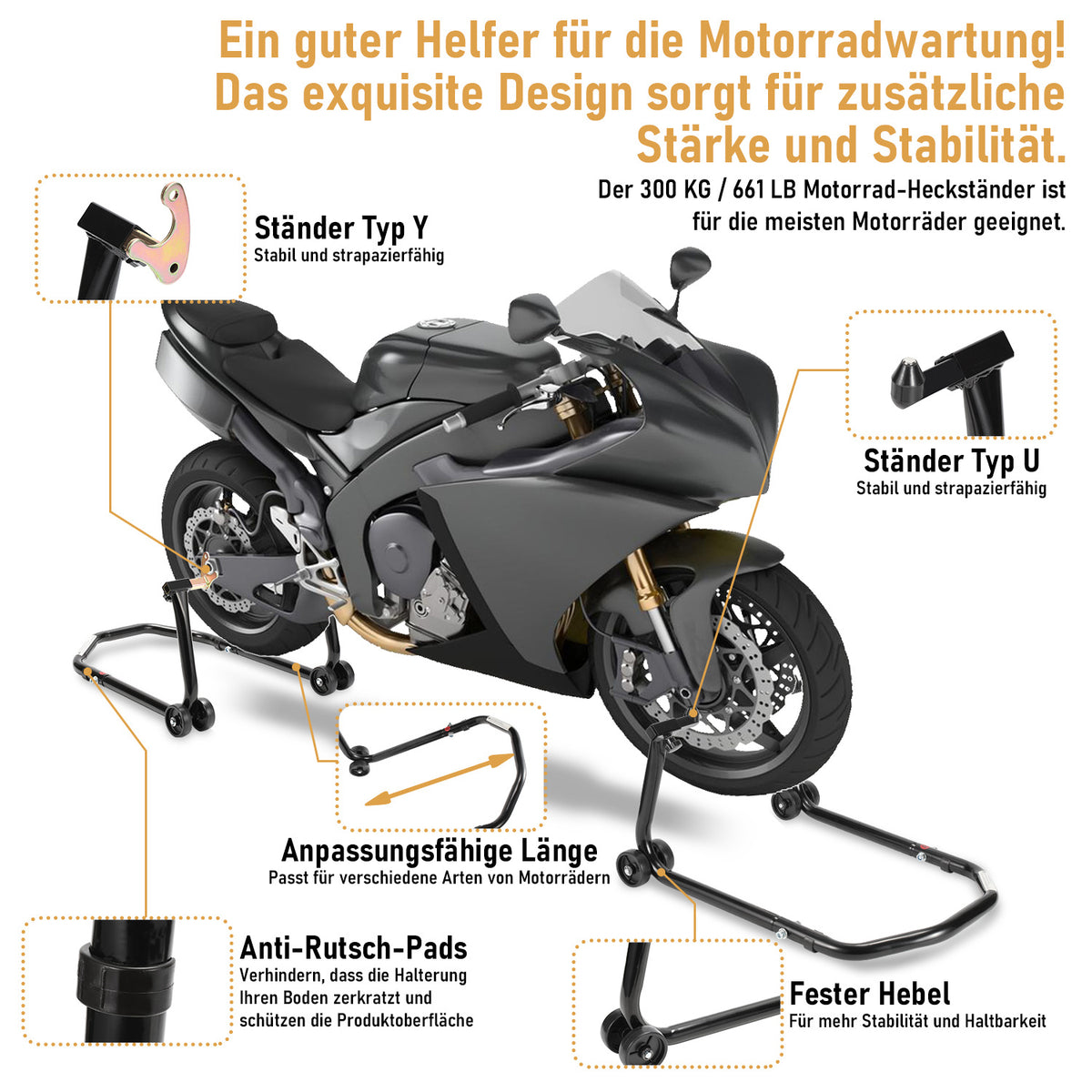 Motorradständer aus stabiler 32 mm Metallrohr Konstruktion