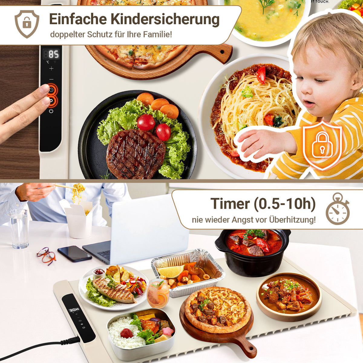 Elektrische Warmhalteplatte 240 W, 50–100 °C, faltbar mit Timer