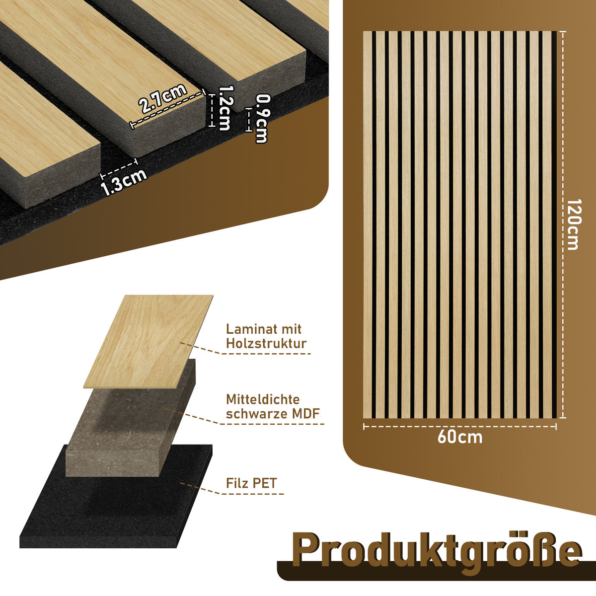 Akustikpaneele 120 × 60 cm mit Holzlamellen – 1–8 Stück