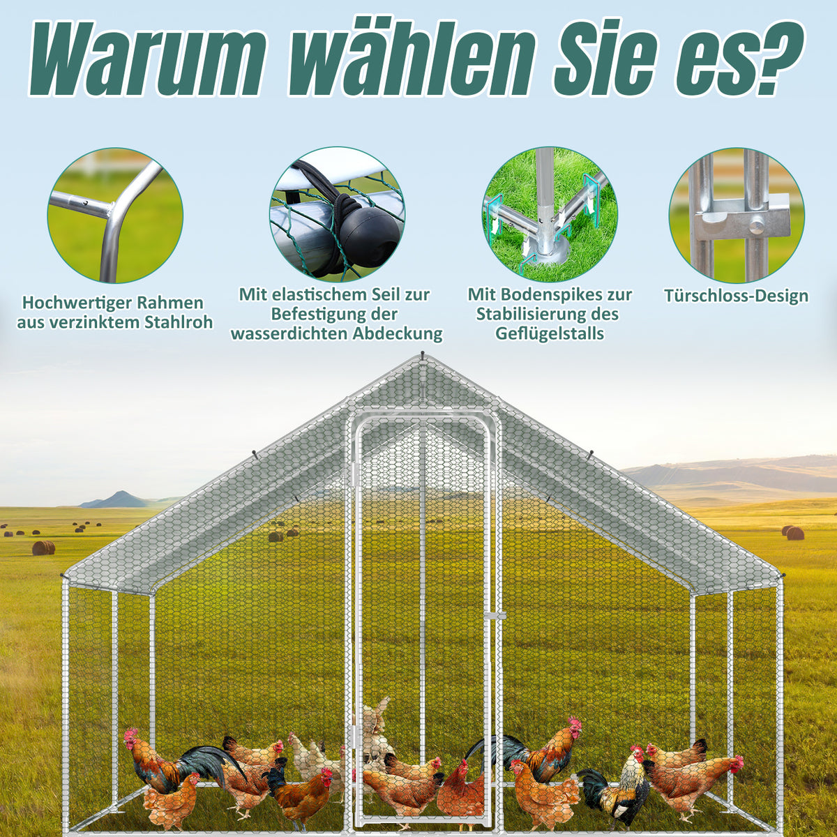 Cecaylie Hühnerauslauf mit Dach, 6–24 m², Stahlrahmen, Geflügelgehege mit Tür