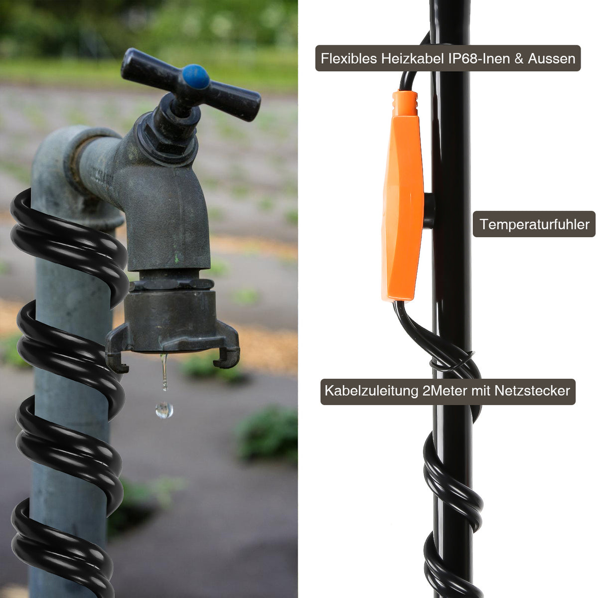 Heizkabel 230V 2–18 m mit Thermostat für Rohrbegleitheizung & Frostschutz