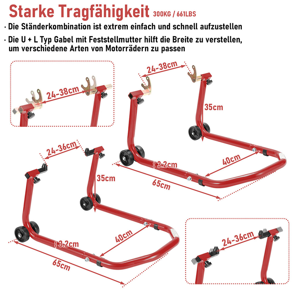 2er Set Motorrad-Montageständer vorne & hinten mit Rollen – bis 300 kg