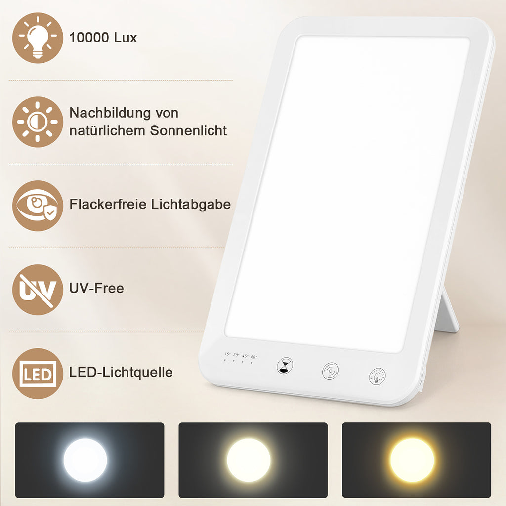 Tageslichtlampe 10.000 Lux mit 3 Lichtfarben, 5 Helligkeitsstufen & Timer