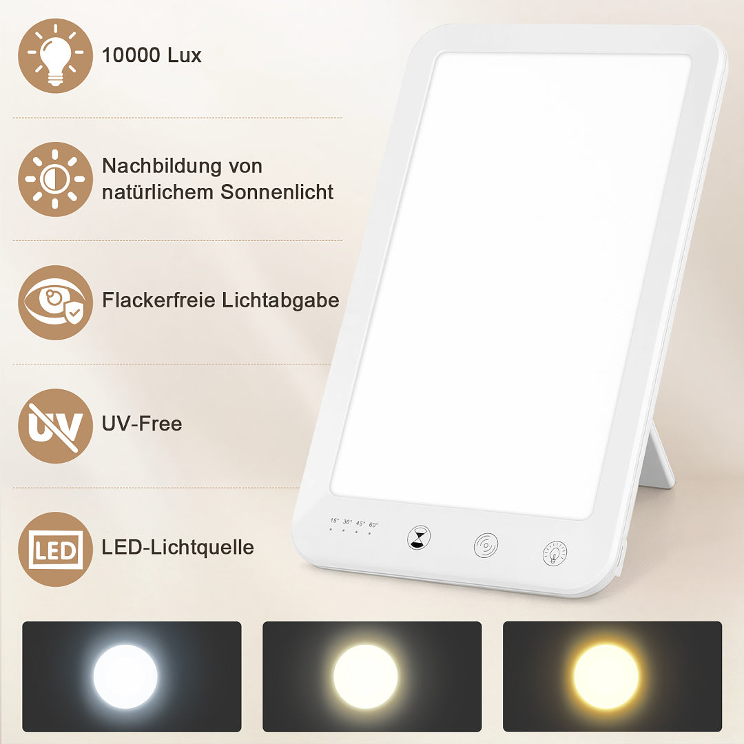 Tageslichtlampe 10.000 Lux mit 3 Lichtfarben, 5 Helligkeitsstufen & Timer
