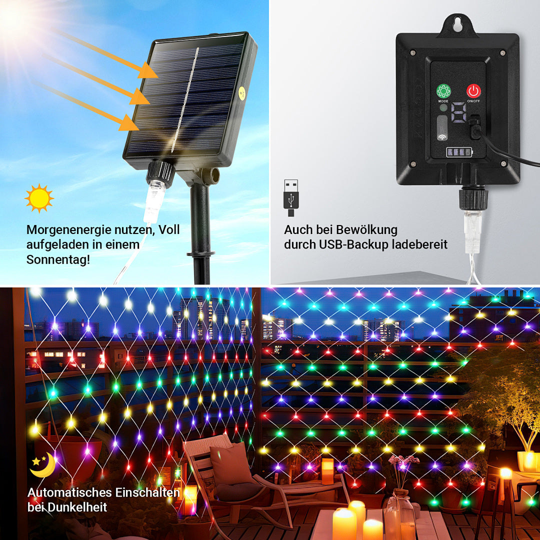 Solar LED Lichternetz mit 8 Modi, Timer & Memory – 4 Größen