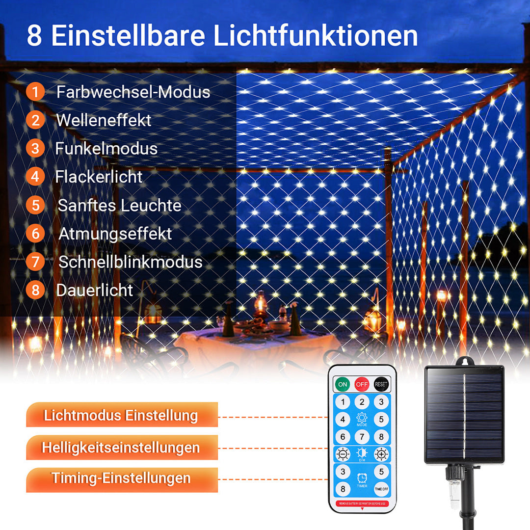 Solar LED Lichternetz mit 8 Modi, Timer & Memory – 4 Größen