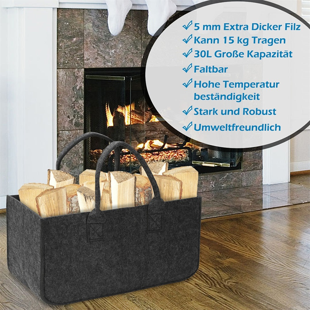 Brennholzkorb Filz 2er Set – Kaminholzkorb mit Griffen für Kamin und Zuhause