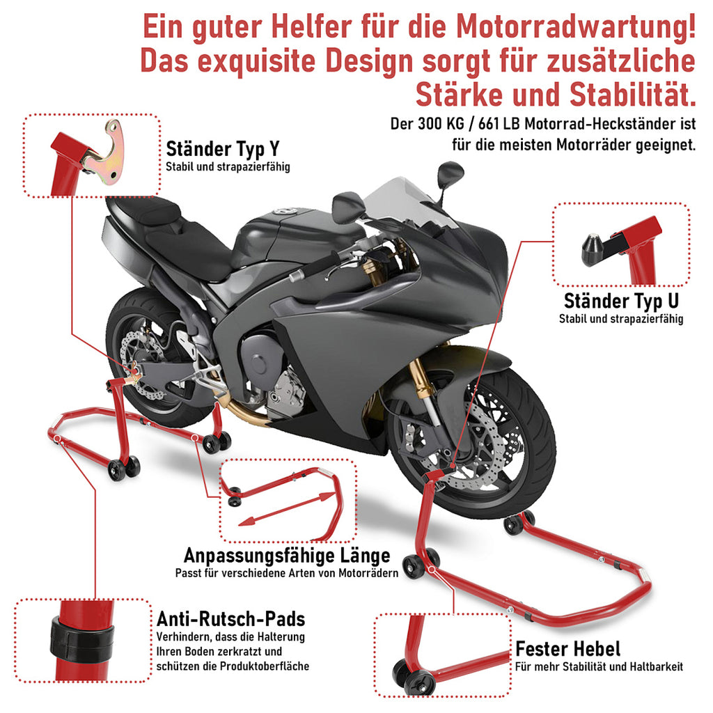 2er Set Motorrad-Montageständer vorne & hinten mit Rollen – bis 300 kg