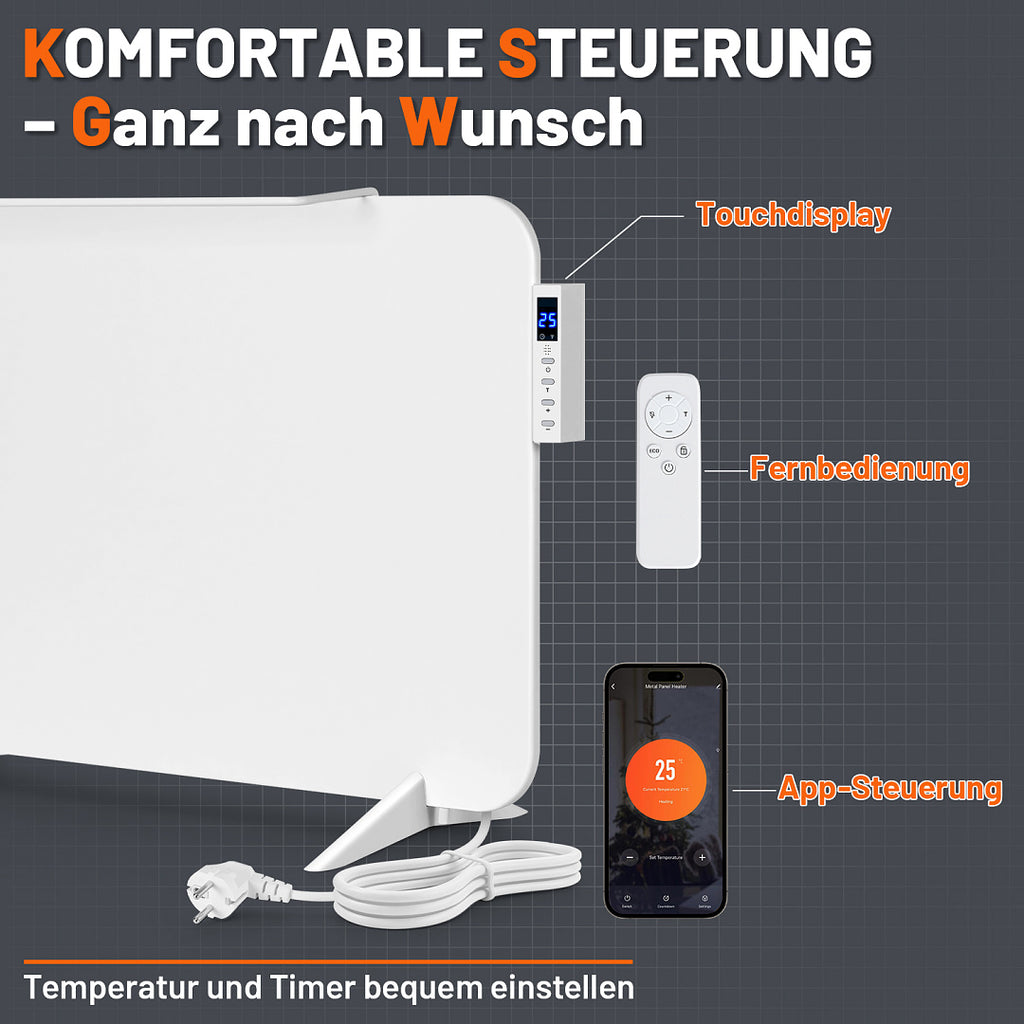 Metall-Infrarotheizung 120W/450W/800W mit Thermostat, WiFi & Fernbedienung