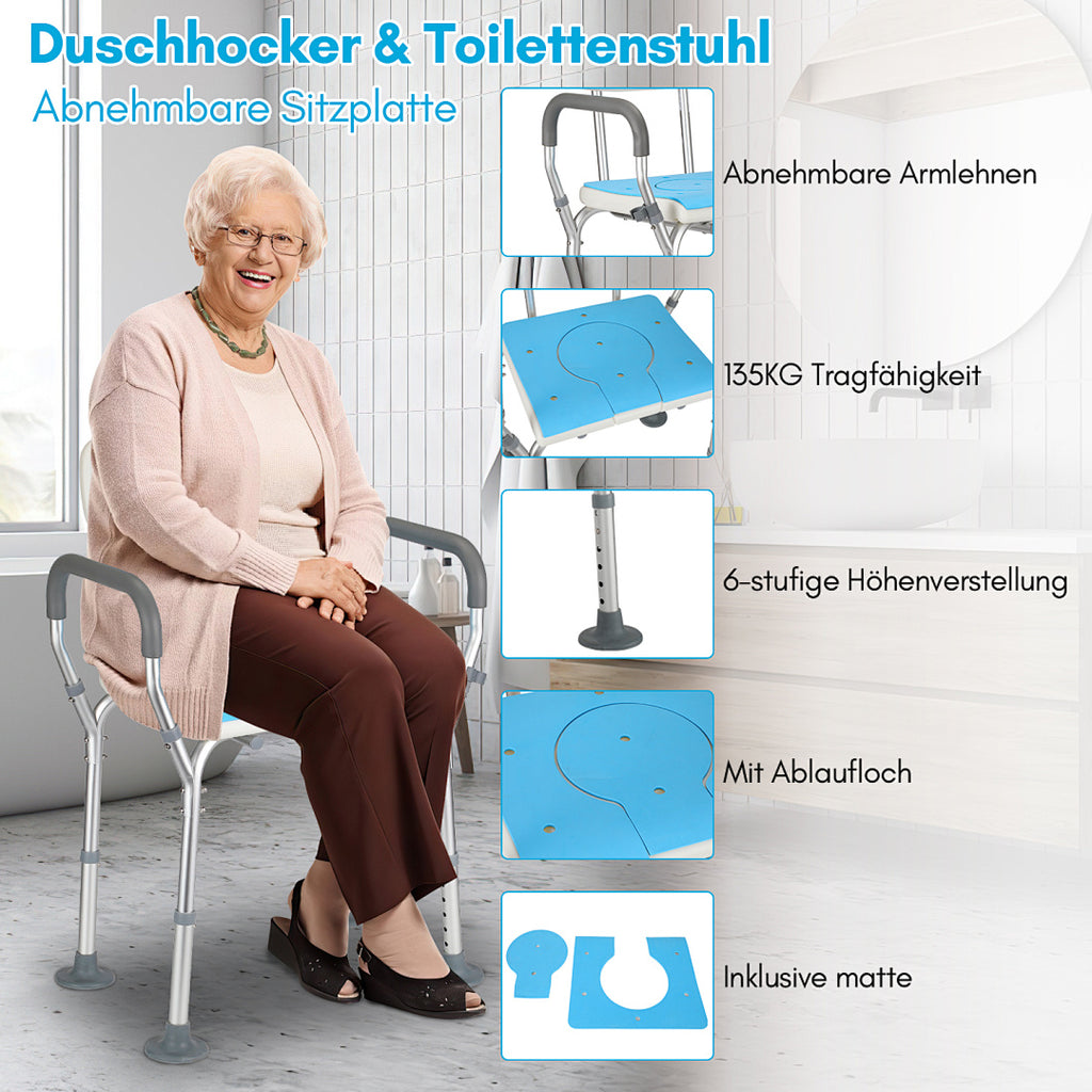 Detailansicht des Aluminiumrahmens und der Standfüße des Duschstuhls