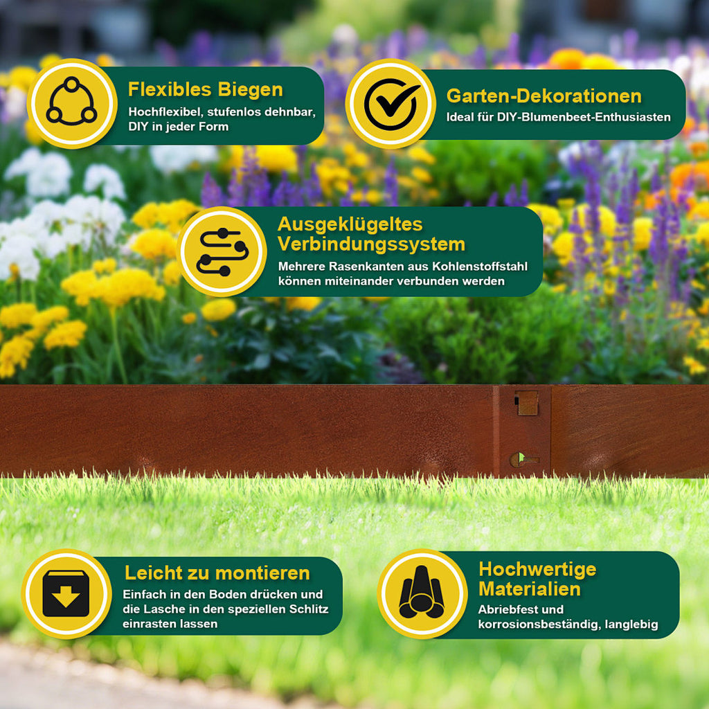 Rasenkante aus Metall 20 cm hoch mit Erdspießen – 5–50 m