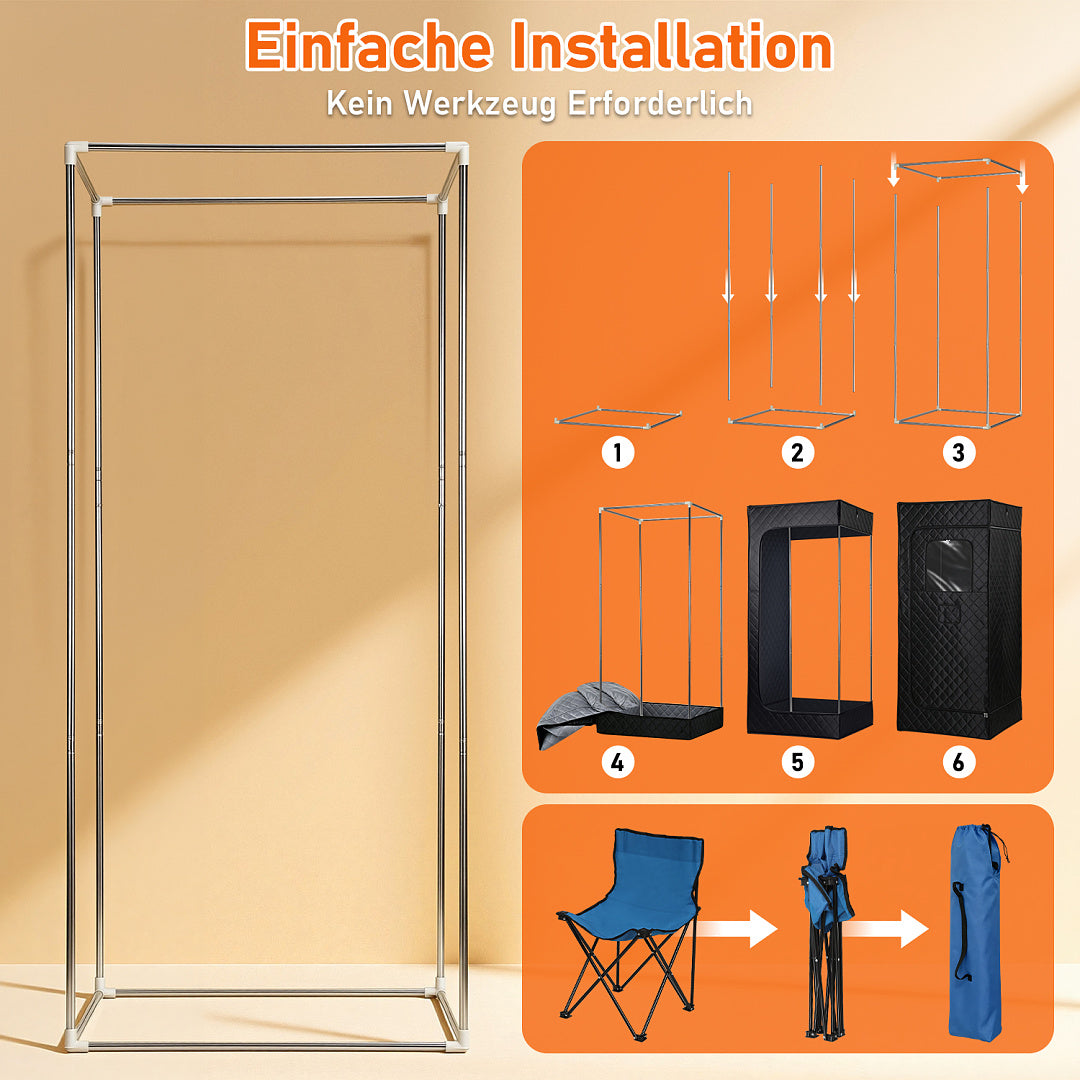 Mobile Dampfsauna 1200 W, 90 × 90 × 180 cm mit Fernbedienung & Klappstuhl