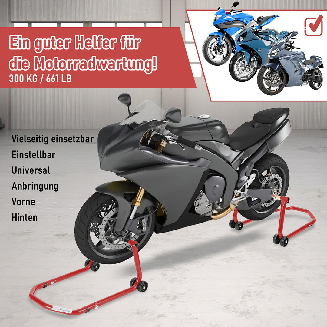 2er Set Motorrad-Montageständer vorne & hinten mit Rollen – bis 300 kg
