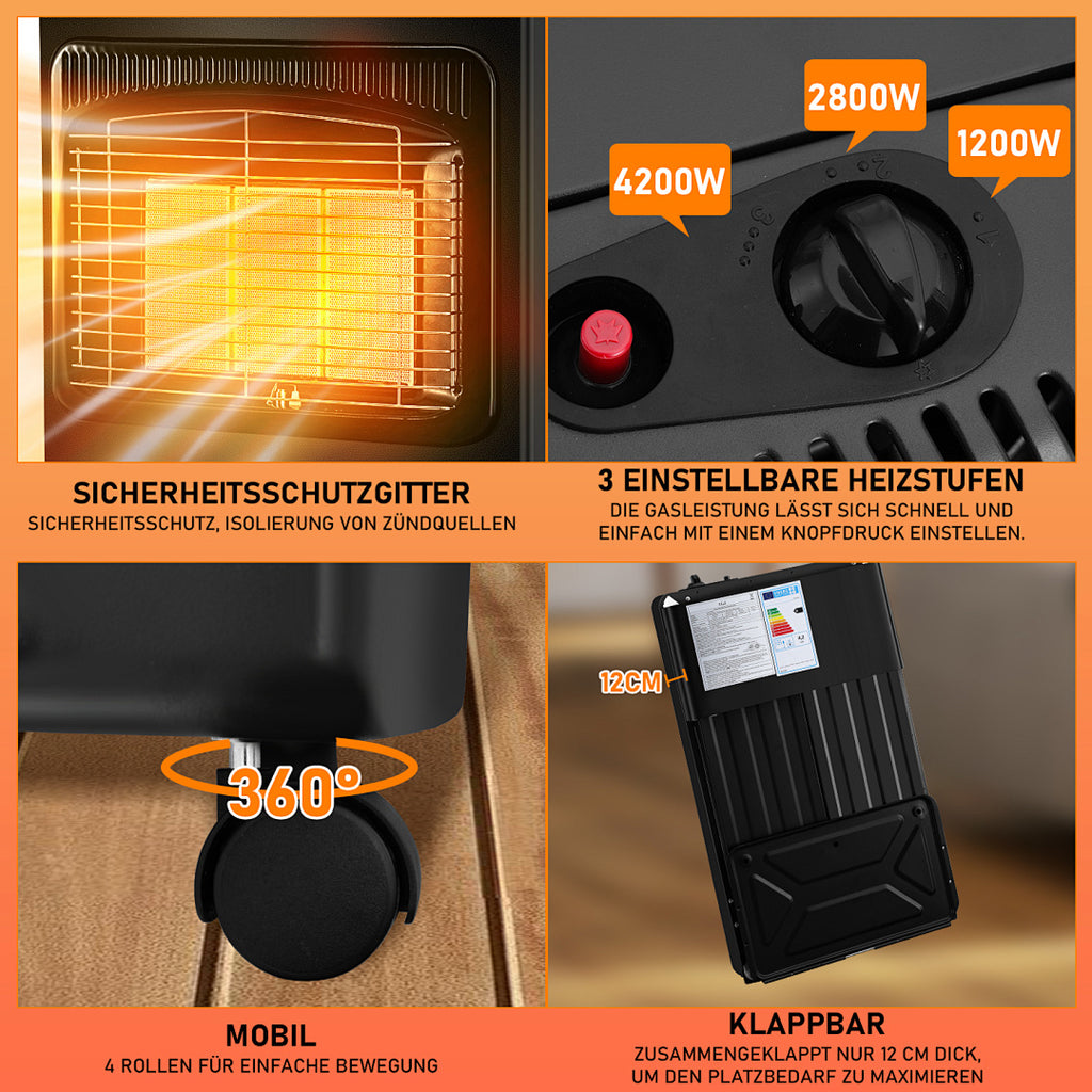 Cecaylie Gasheizung 4,2 kW mit 3 Heizstufen, Infrarot-Gasheizer mit Druckminderer & Gasschlauch