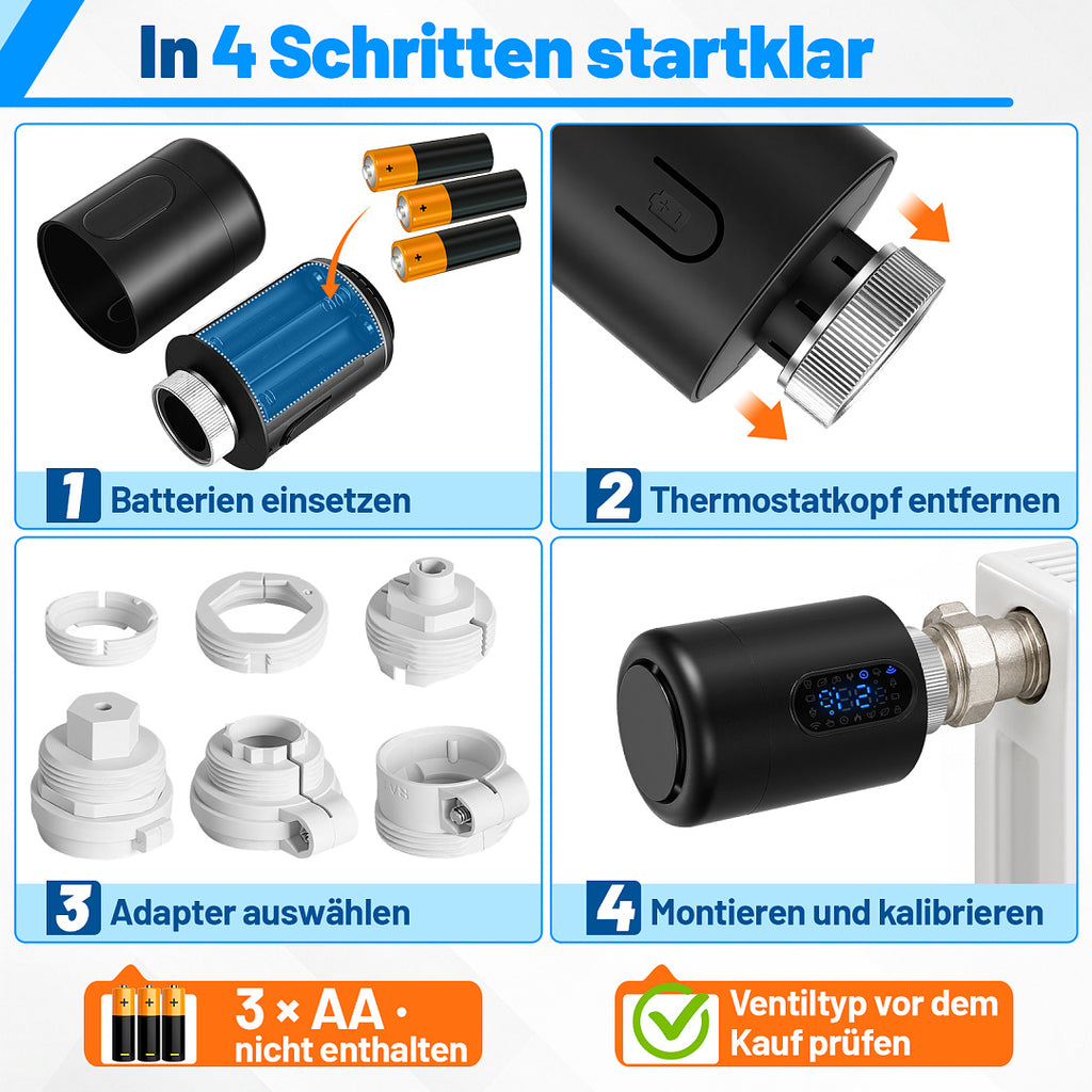 WLAN Heizkörperthermostat mit App – Ohne Gateway, 6 Modi & 7 Adapter