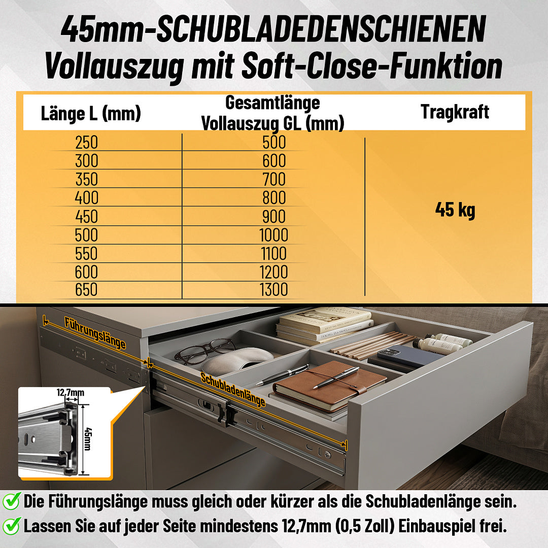 Cecaylie Schwerlast-Schubladenschienen Edelstahl 45 kg mit Soft-Close & Vollauszug
