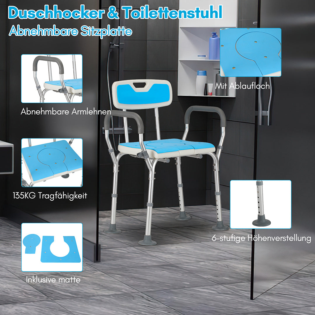 Detailansicht des Aluminiumrahmens und der Standfüße des Duschstuhls