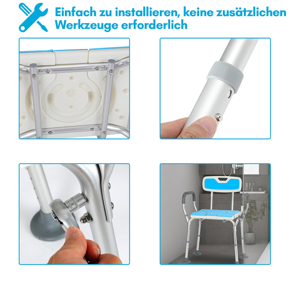 Detailansicht des Aluminiumrahmens und der Standfüße des Duschstuhls