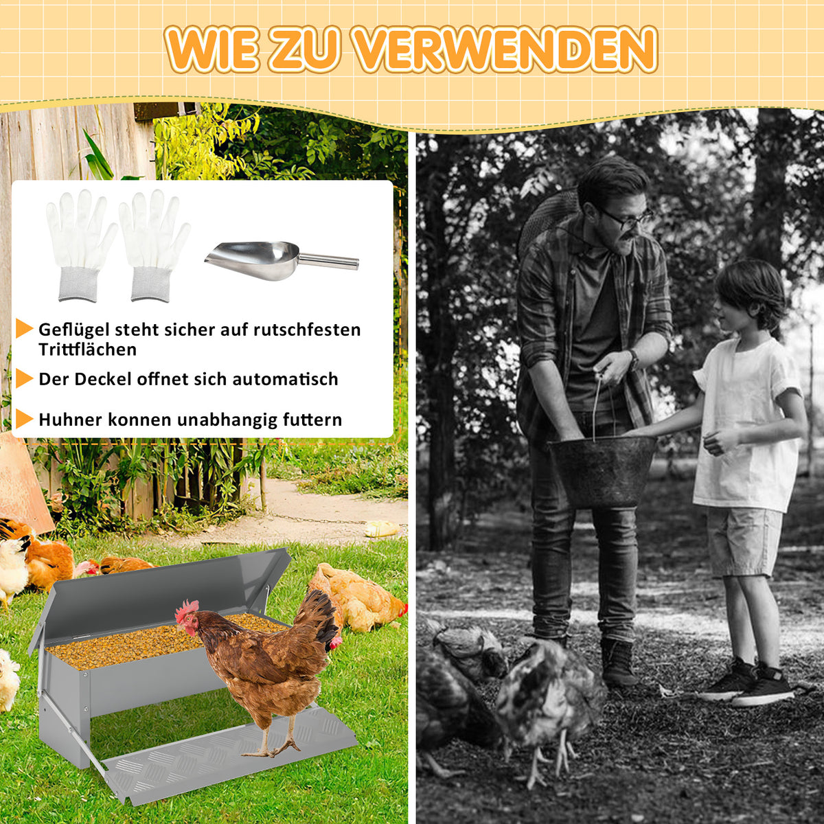 Geflügelfutterautomat mit Fußplatte zum Öffnen des Futterbereichs
