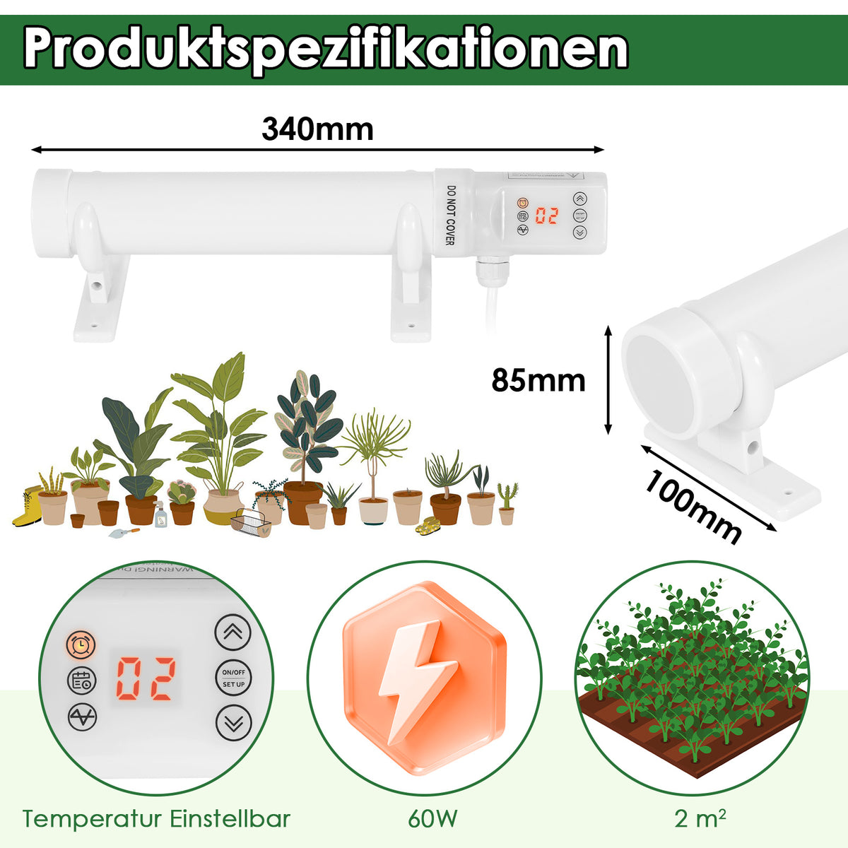 Gewächshausheizung 55W–240W mit digitalem Thermostat für Frostschutz