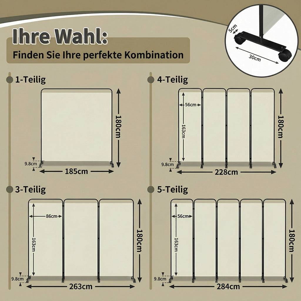 Cecaylie Paravent mit Rollen, faltbarer Raumteiler 180 cm hoch, Sichtschutz mit Bremsen, 4 Größen
