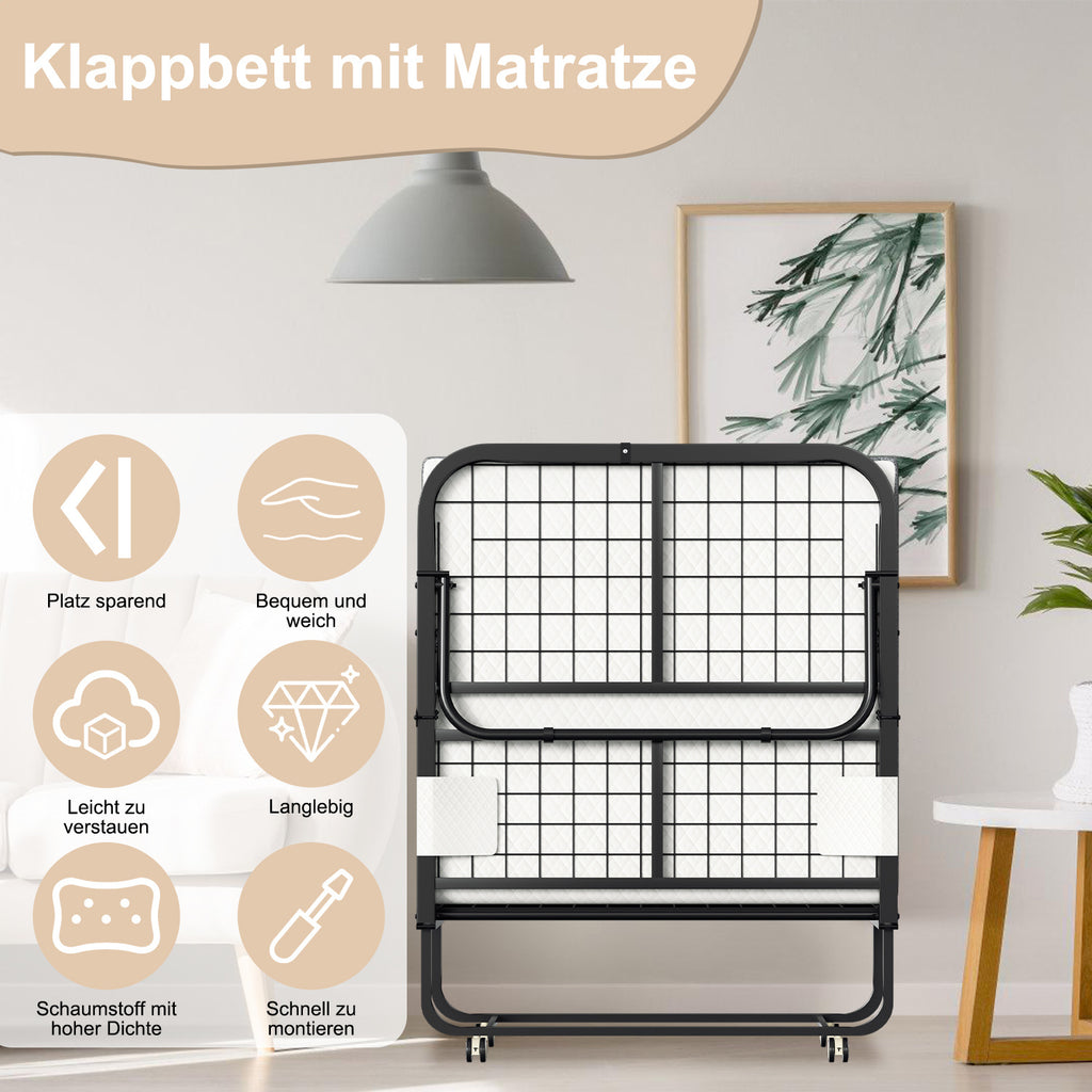 Cecaylie Klappbett 90x200 cm mit 13 cm Matratze, Gästebett faltbar mit Rollen, bis 200 kg