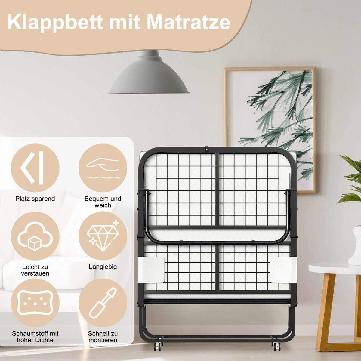 Cecaylie Klappbett 90x200 cm mit 13 cm Matratze, Gästebett faltbar mit Rollen, bis 200 kg