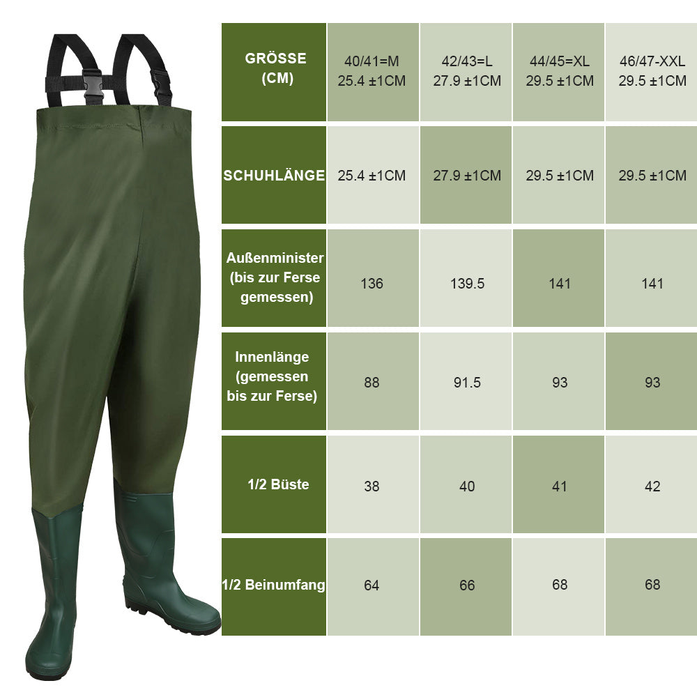 Cecaylie Wathose mit Gummistiefeln, Brustwathose 70D Nylon-PVC, Anglerhose M–XXL, EU 40–47