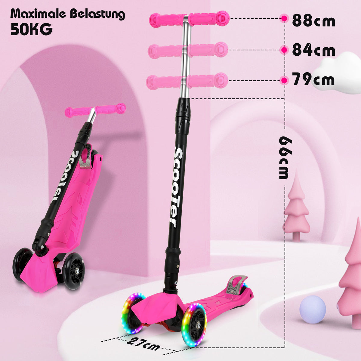 Cecaylie Faltbarer Dreirad-Scooter mit LED-Rädern, höhenverstellbar – 4 Farben