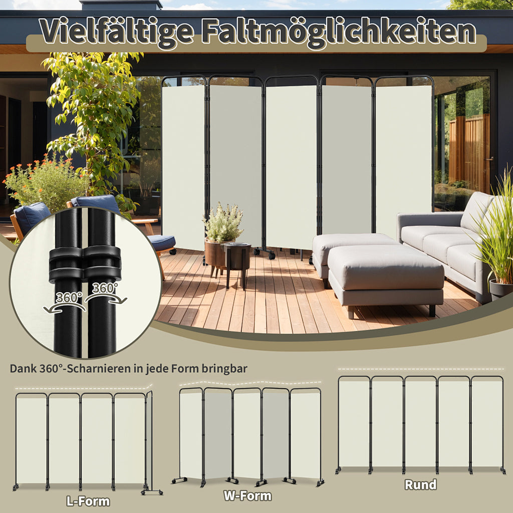 Cecaylie Paravent mit Rollen, faltbarer Raumteiler 180 cm hoch, Sichtschutz mit Bremsen, 4 Größen