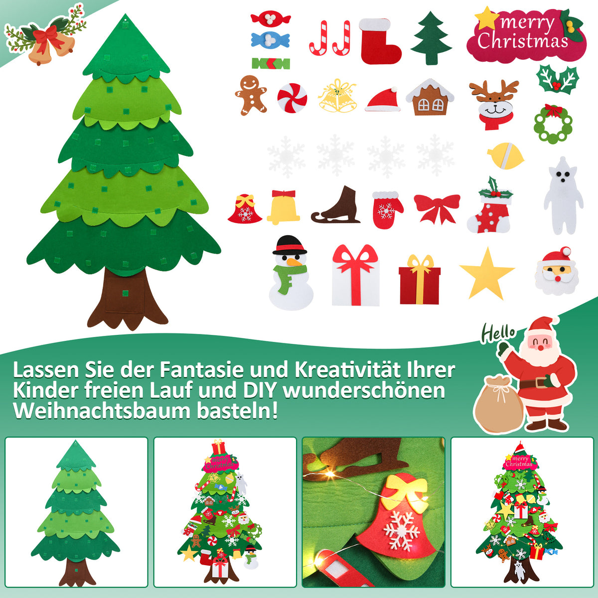 DIY Filz-Weihnachtsbaum 105 cm mit 33 Ornamenten & 30 LEDs