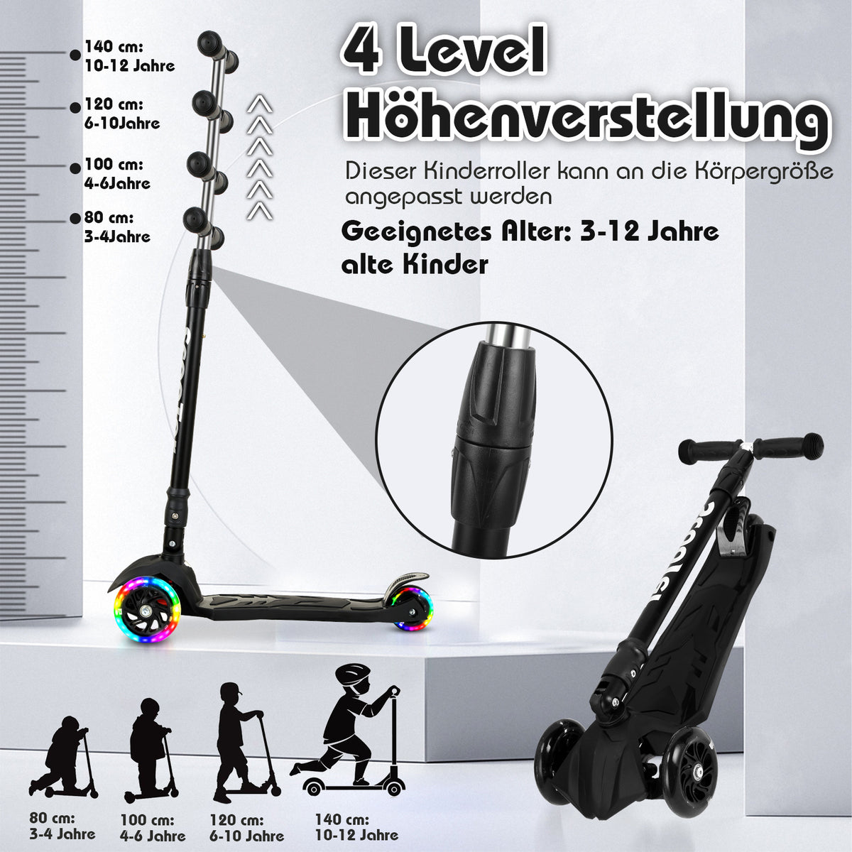 Cecaylie Faltbarer Dreirad-Scooter mit LED-Rädern, höhenverstellbar – 4 Farben