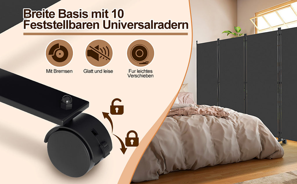 Cecaylie Paravent mit Rollen, faltbarer Raumteiler 181 cm hoch, mobiler Sichtschutz mit Bremsen