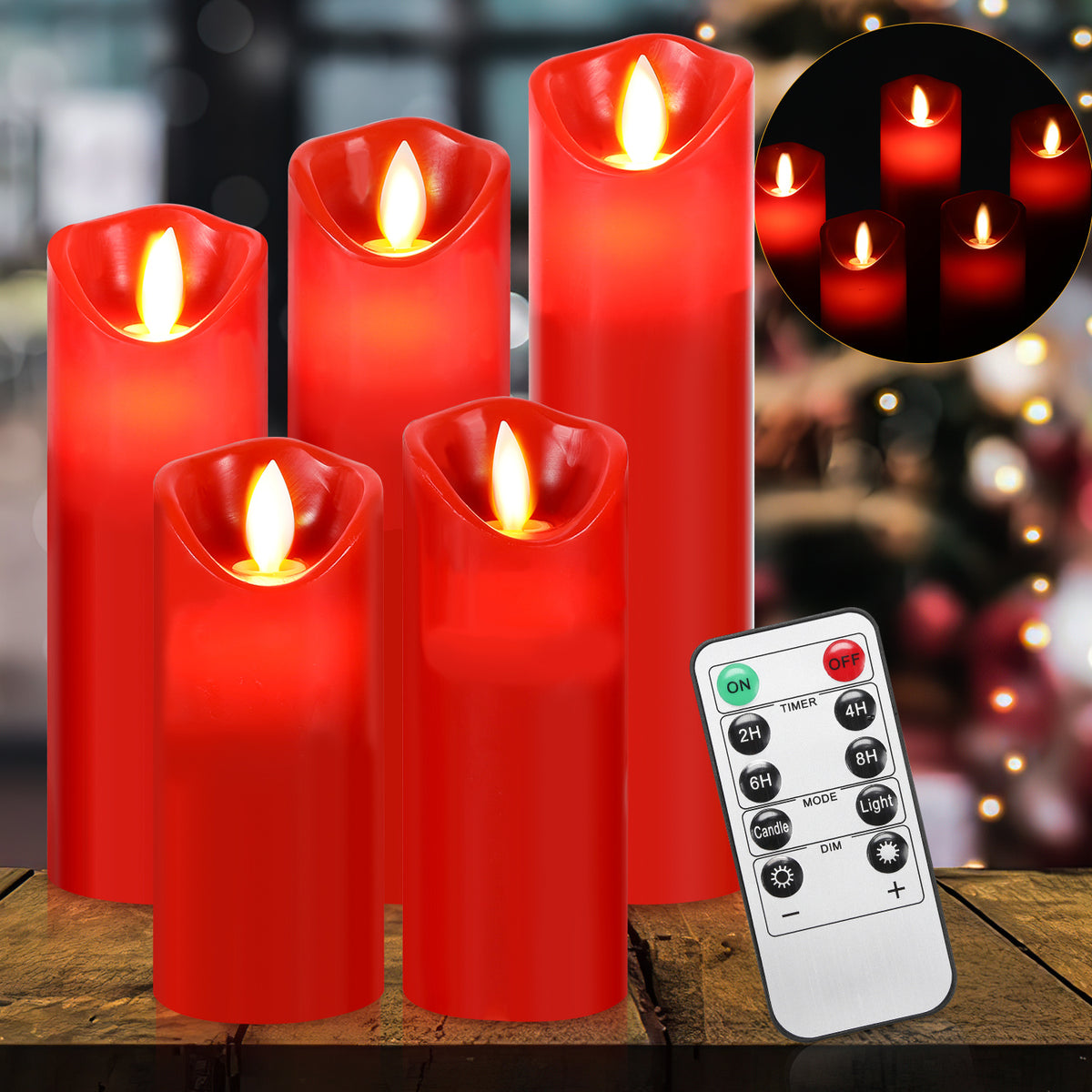 5er-Set LED-Echtwachskerzen in Weiß und Rot mit Fernbedienung