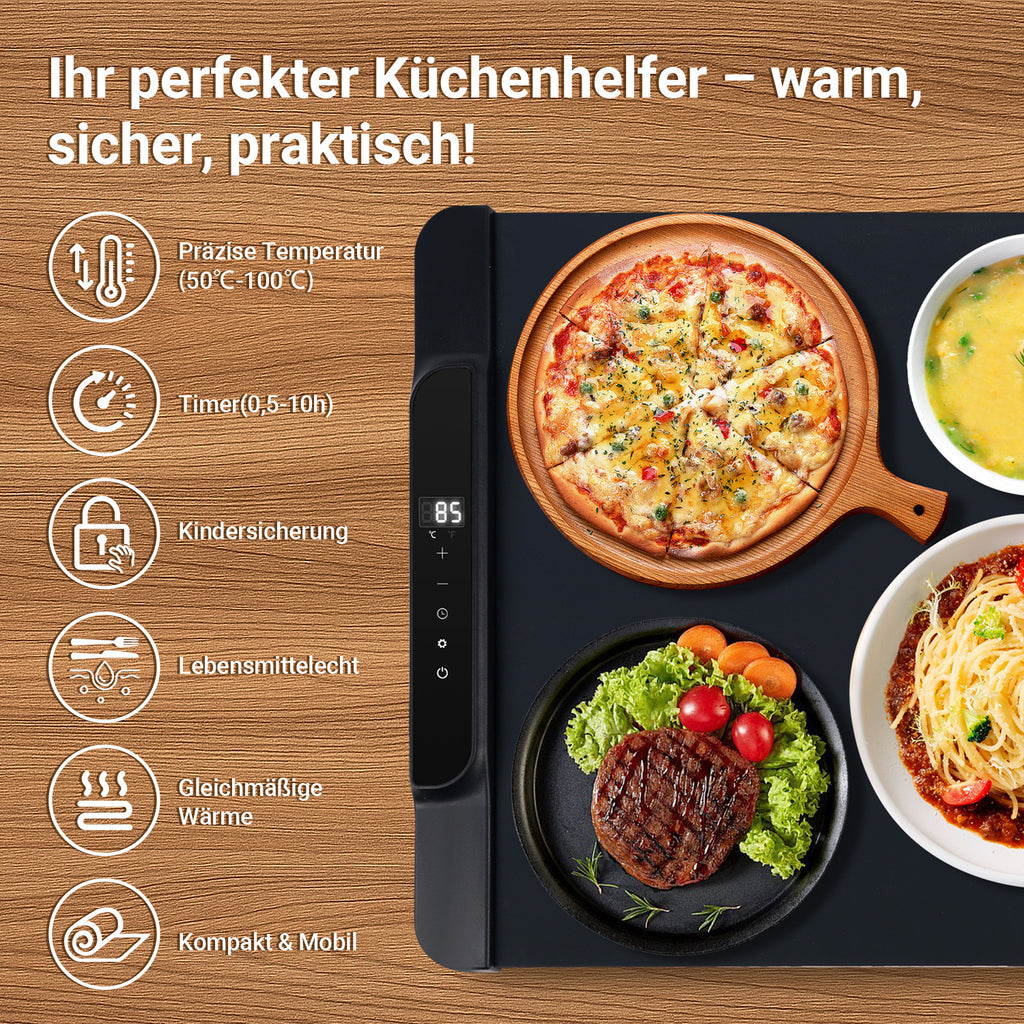 Elektrische Warmhalteplatte 240 W, 50–100 °C, faltbar mit Timer