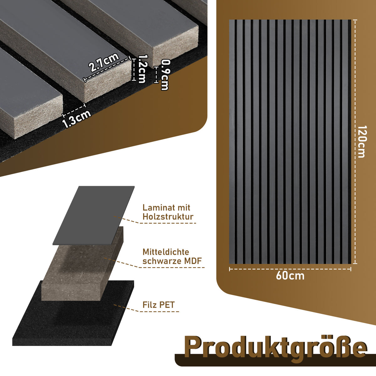 Akustikpaneele 120 × 60 cm mit Holzlamellen – 1–8 Stück