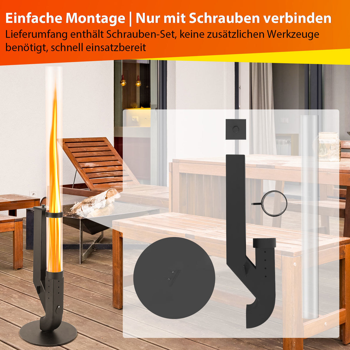 Pellet-Feuersäule mit Glasrohr 131,5 cm – Pelletfackel für Garten & Terrasse